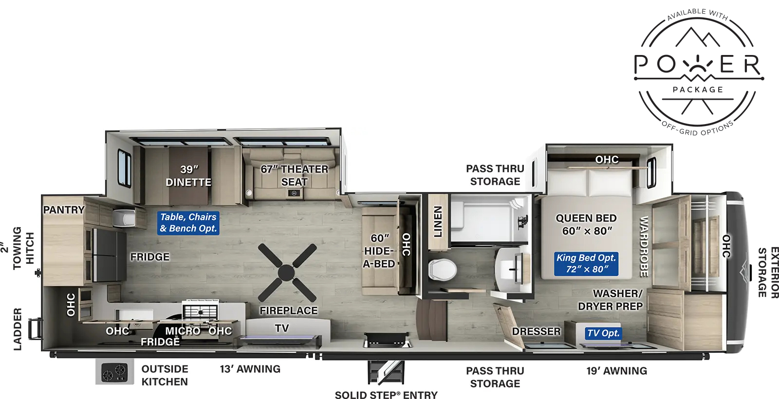 The Flagstaff Classic Fifth Wheels F376RK has one entry and two slide outs. Exterior features include: fiberglass exterior, 13' & 19' awning and outside kitchen. Interiors features include: rear kitchen and front bedroom.